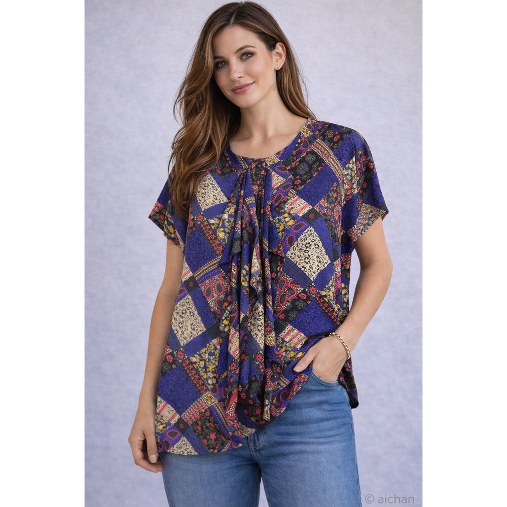 Jennie Kayne Silk Patchwork Tie Neck Blouse Multicolor Short Sleeve Size L